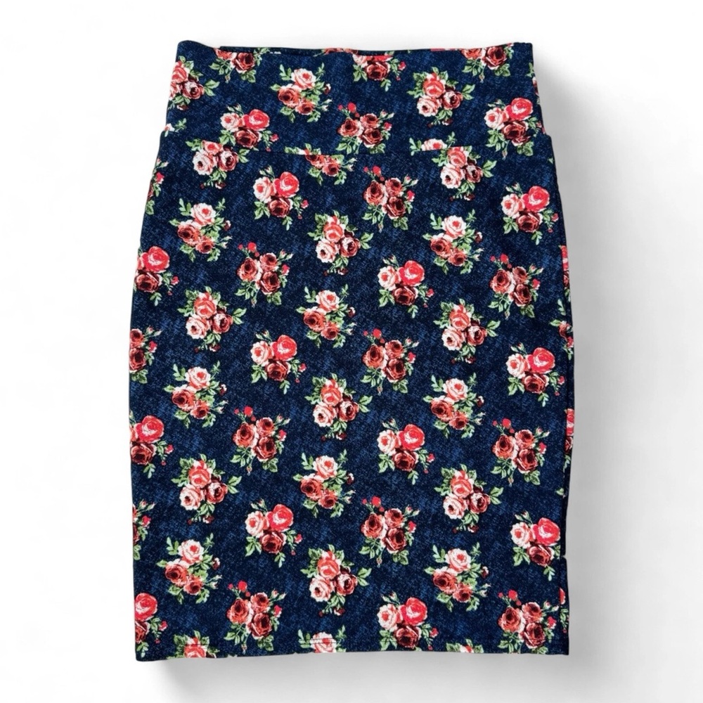 Lularoe Stretchy Pencil Skirt Womens Size‎ S Blue with Rose Pattern Pull On
